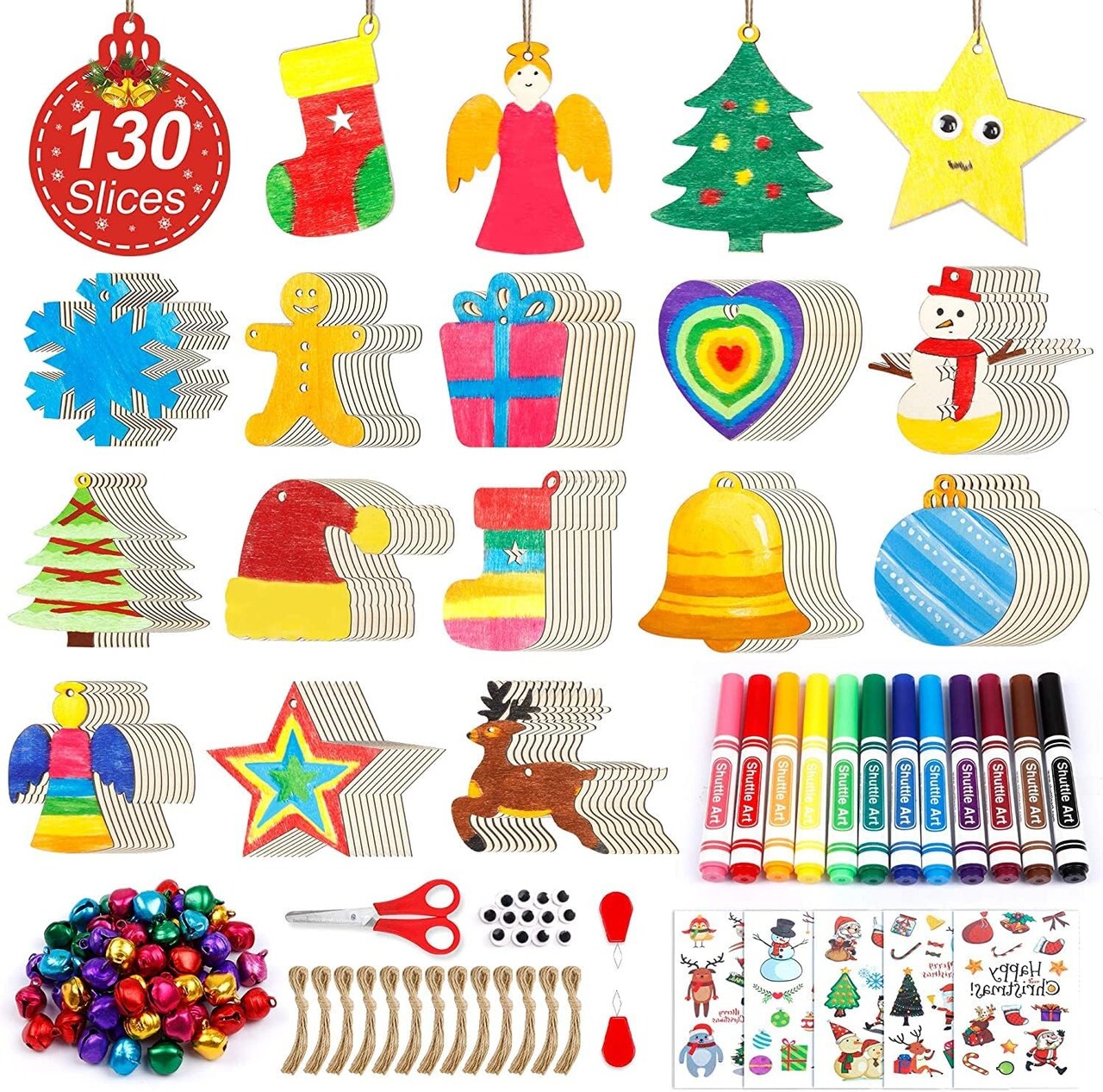 360 PCS Wooden Christmas Ornament Kit, 130 Unfinished Wood Slices with 13 Styles, 130 Jute Twine, 12 Colors Washable Markers, 50 Bells, DIY Christmas Decoration Crafts for Kids and Adults